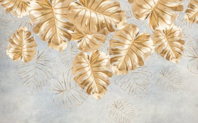 фотообои Золотые листья монстеры 3Д